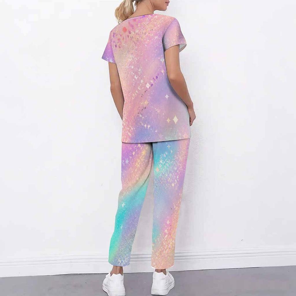 Women Plus Size Printed Scrub Set Crisscross Cutout Neck Short Sleeve Top Long Pants With Pockets