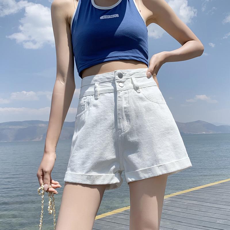 Женские джинсовые шорты А-силуэта с высокой посадкой - Мода лето 2021, Свободный крой, Подвернутый край, Стройнящие хот-пэнтс