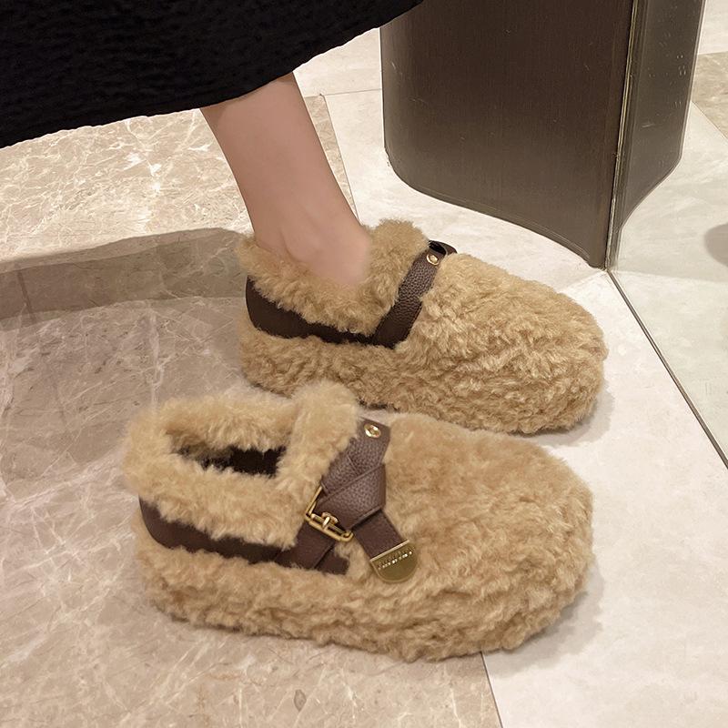 Обувь Мао Мао женская верхняя одежда 2025 новая осень и зима имитация овечьей шерсти утолщенная на плоской подошве ленивая на одном ходу женская обувь хлопковая обувь