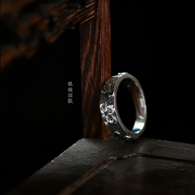 Handcrafted Cherry Blossom Engraved Adjustable Ring Women Men Vintage Boho Floral Open Band Sterling