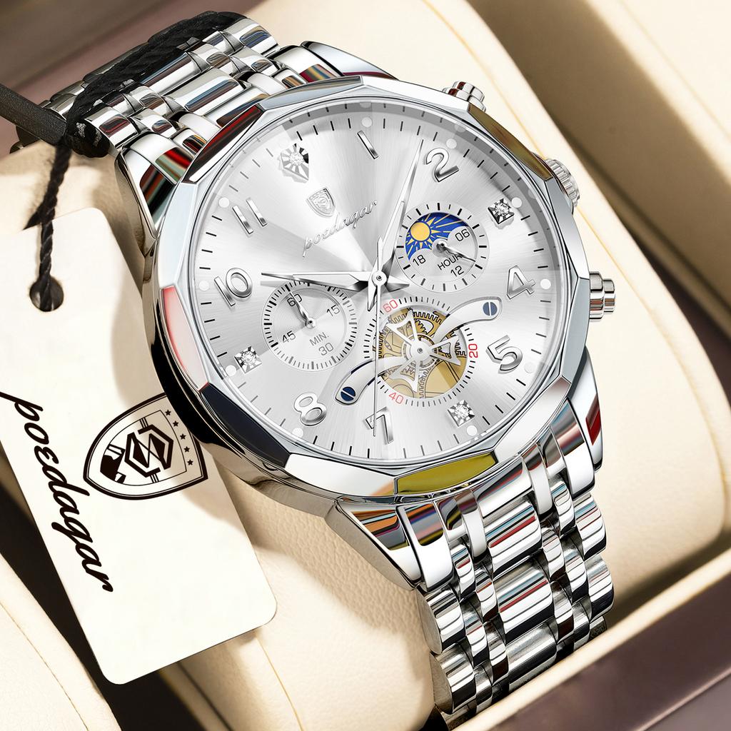 POEDAGAR Top High Quality Man Wristwatch Chronograph Stainless Steel Fashion Men's Quartz Watches Waterproof Luminous Men Clock