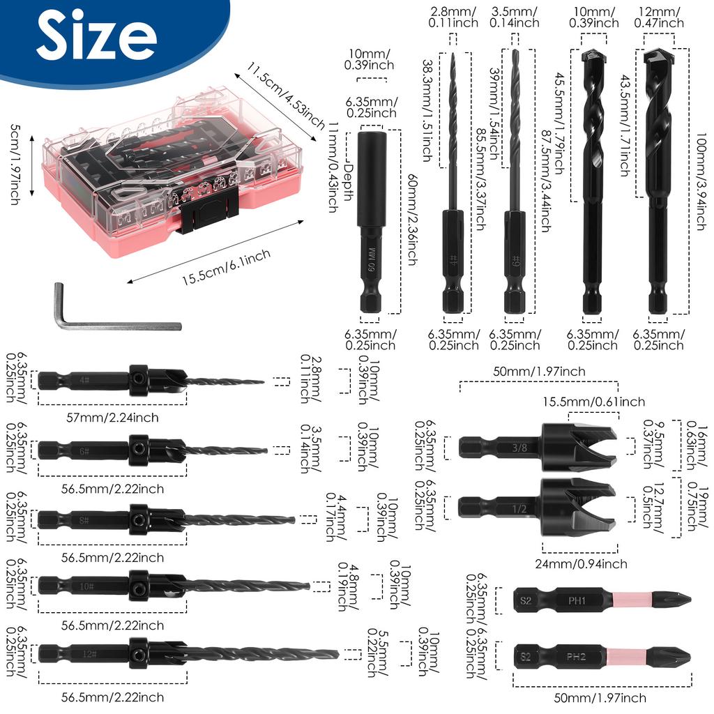 Countersink Drill Bit Set Tapered Drill Bits Counter Sink Drill Bit with 2PCS Wood Plug Cutter 1/4" Hex Shank Quick Change
