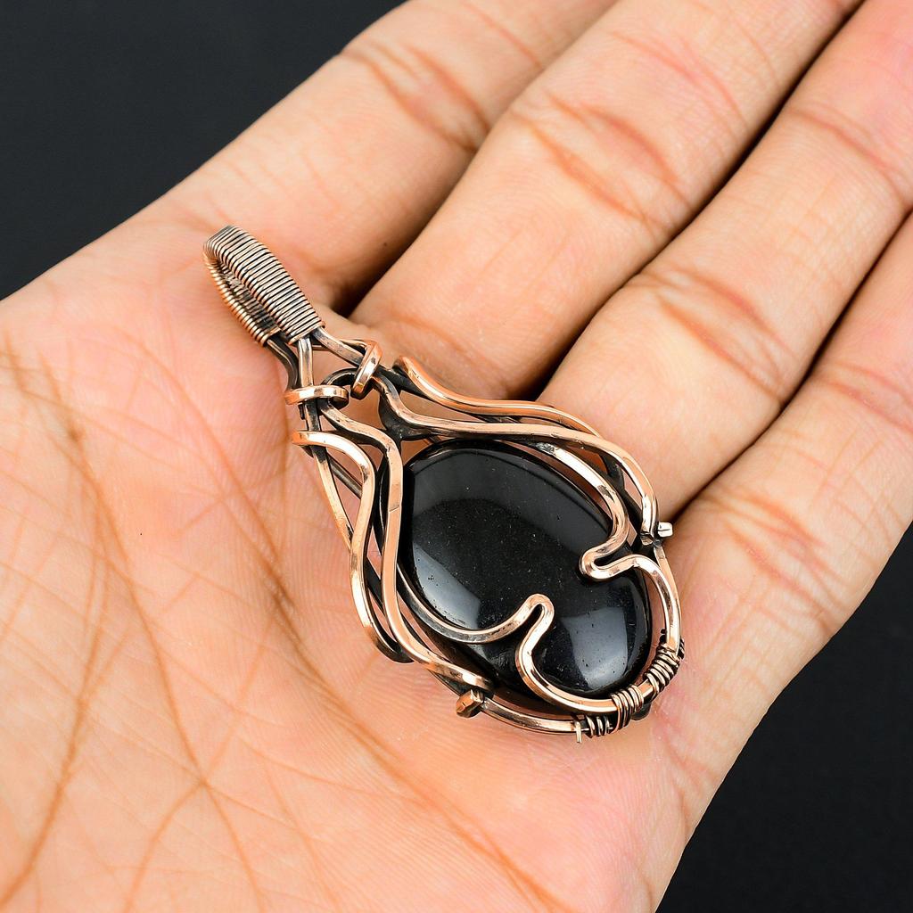 Amazing Black Onyx Gemstone Handmade Pure Copper Wire Wrapped Jewelry Pendant