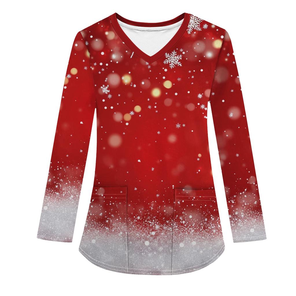 Женская модная рабочая одежда с V-образным вырезом, длинным рукавом и карманом, рождественский принт, футболка, топ