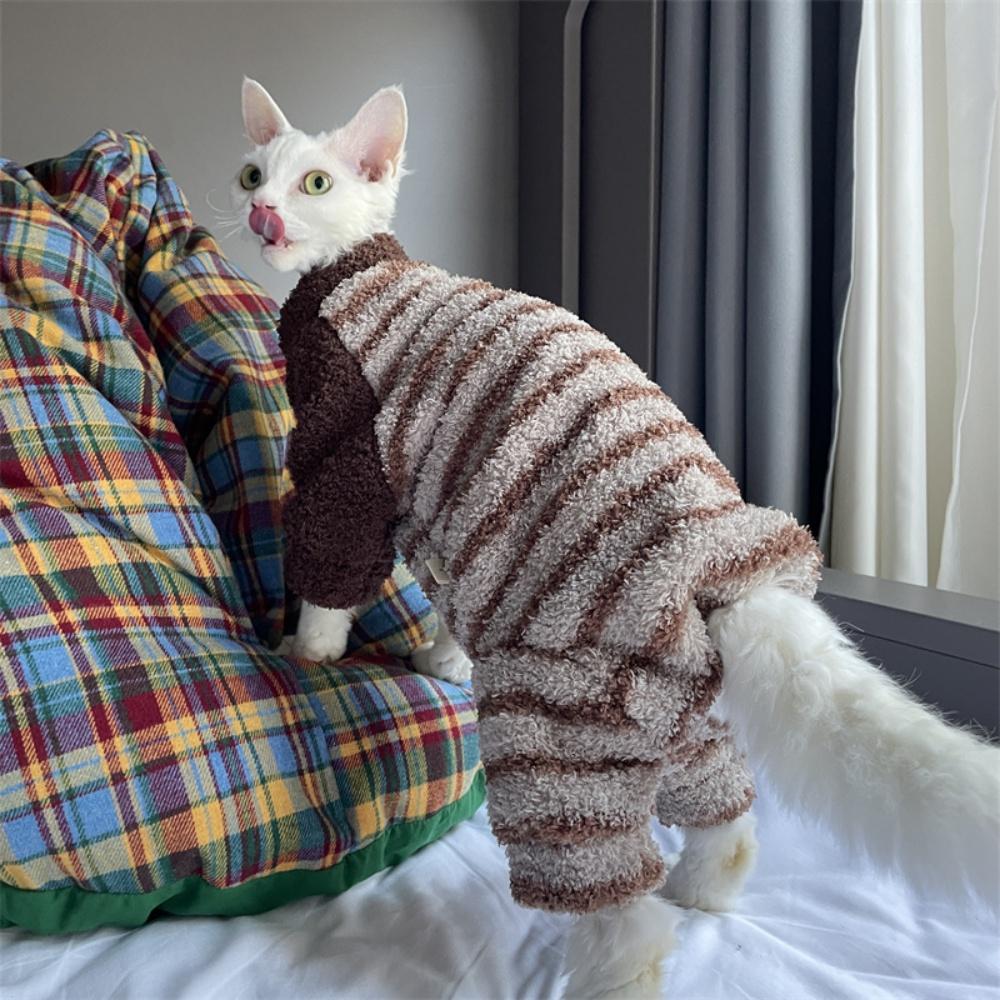 Warm Soft Coffee Fleece Jumpsuit for Sphinx Cat in Winter Four-Leg Thick Purple Strips Coat for Devon Rex Sweatshirt for Kittens