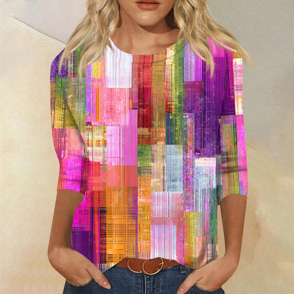 Женская модная повседневная футболка с круглым вырезом, рукавом три четверти и градиентным принтом