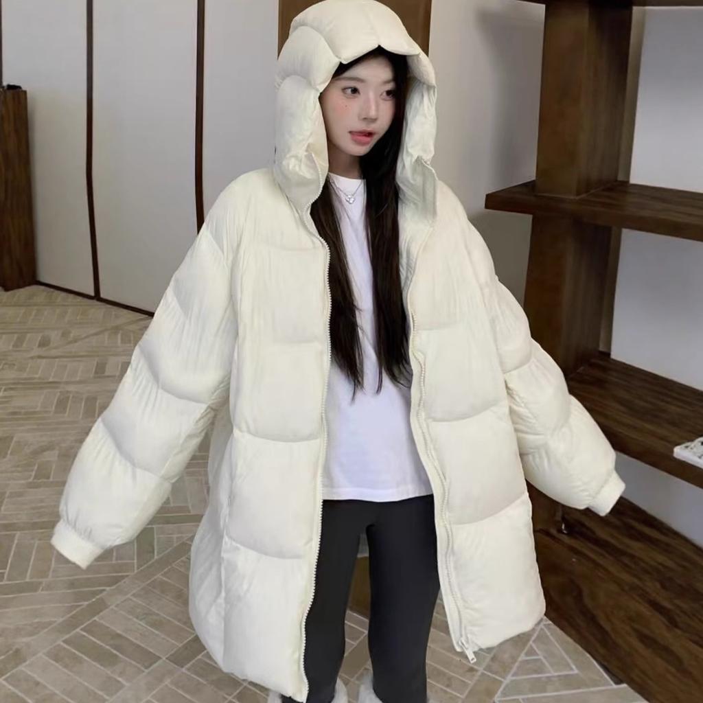 Puff medium and long white cotton clothes women's winter new loose thickened hooded bread clothes cotton coat
