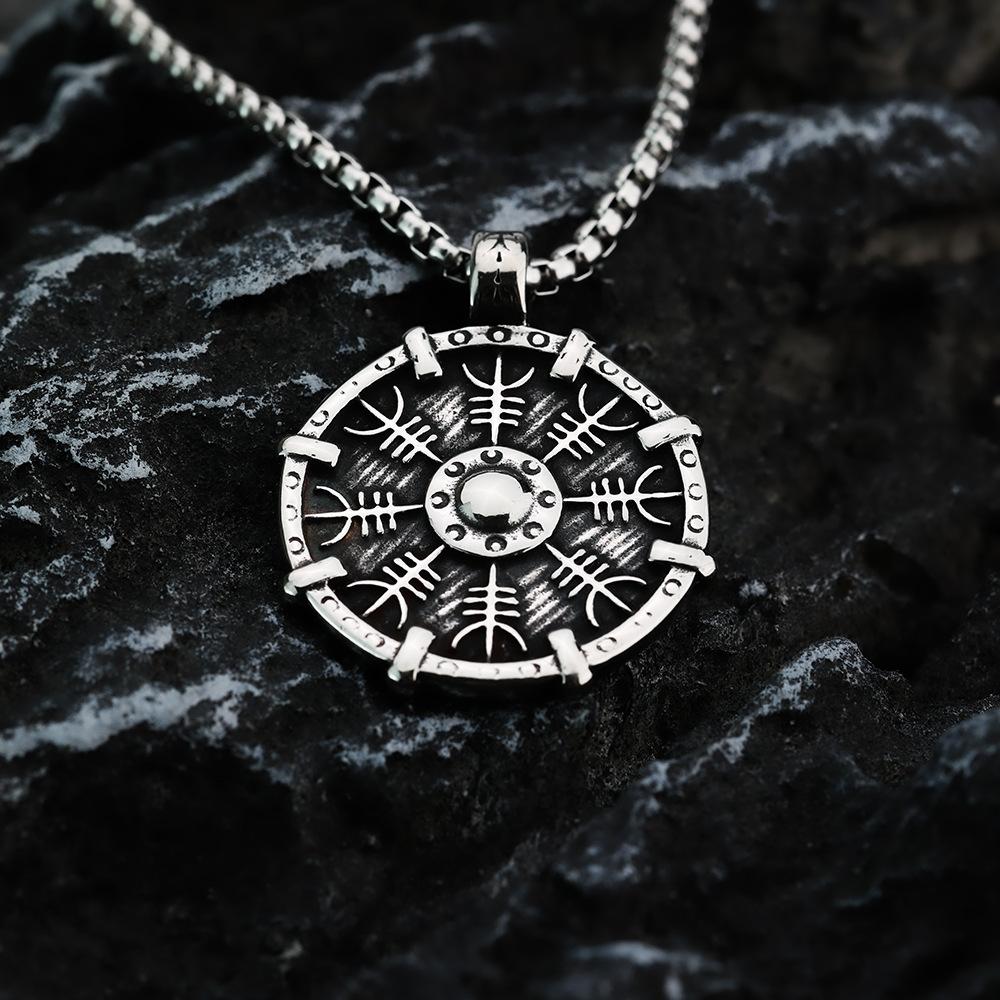 Vintage Viking Style Single Sided Compass Shield Pendant Necklace For Men