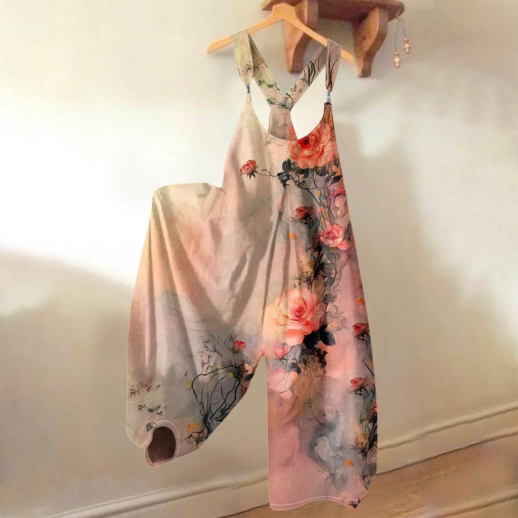 Женский летний комбинезон с цветочным принтом в винтажном стиле (Нерегулируемые ремни)