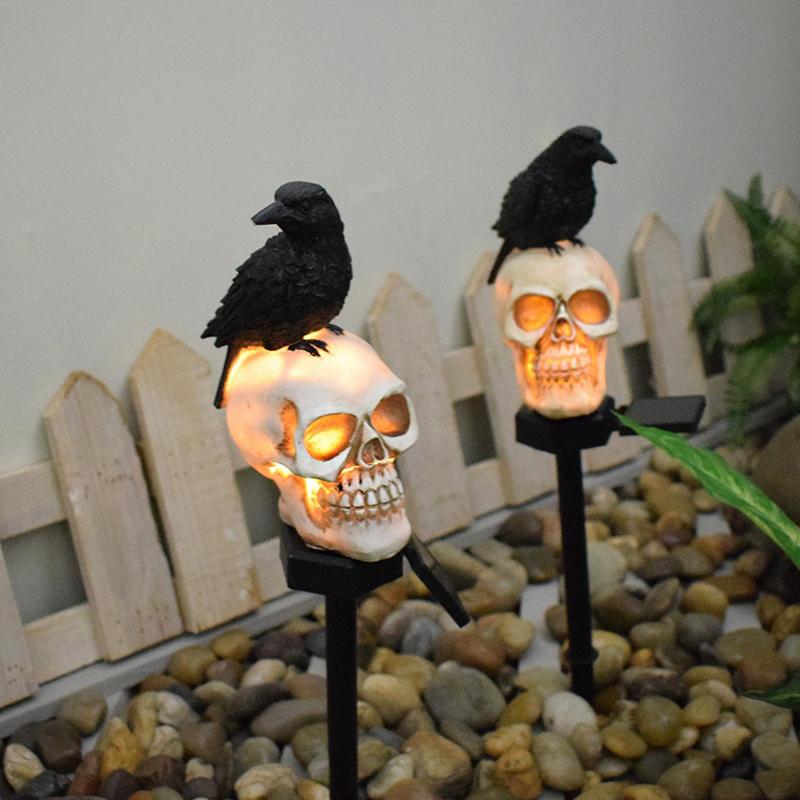 800MAH Solar Resin Halloween Crow Skull Light Outdoor Waterproof LED Light Balcony Holiday Lawn Lamp Garden Decor Decorative Light