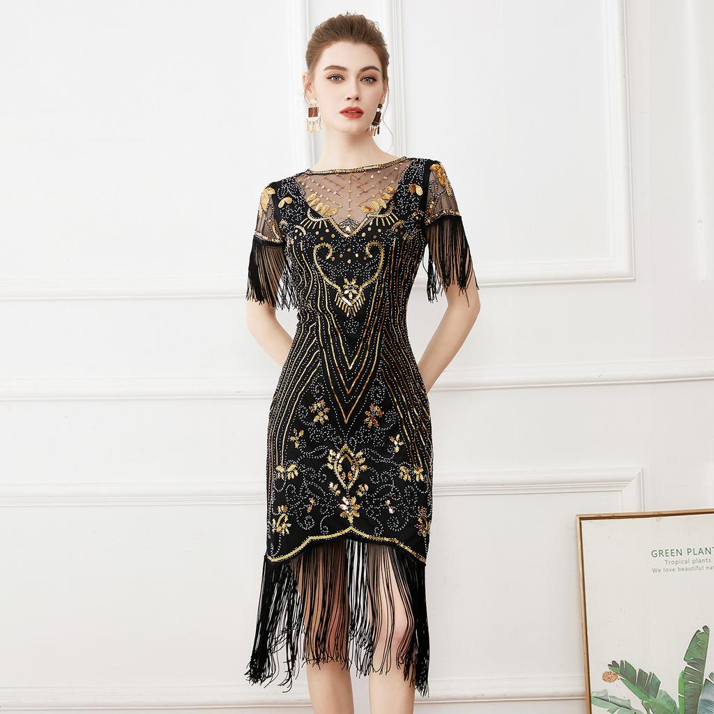 1920S Retro Ball Embroidered Fringed Dress Cocktail Party Large Size Sequined Beaded Mesh Dress