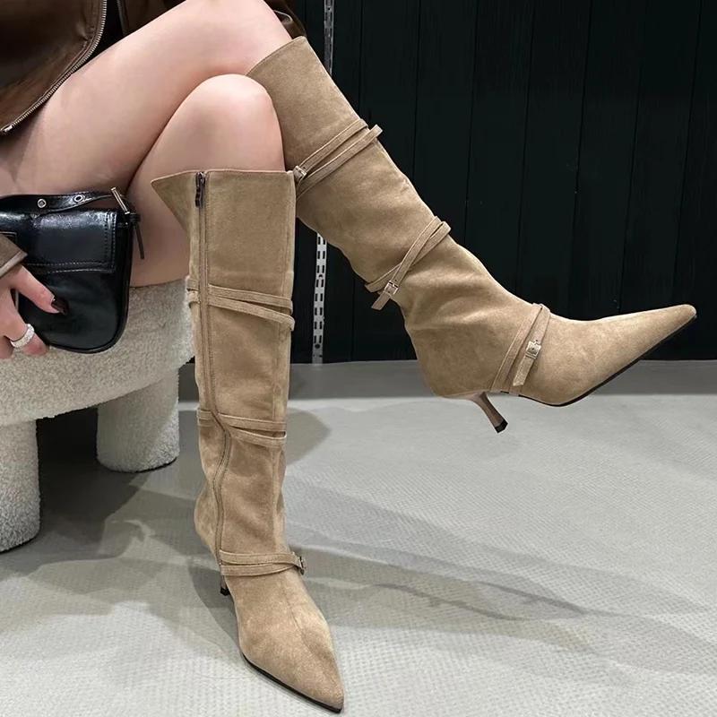 High Heels Suede Women High Boots Pointed Toe Sexy Shoes Knee High Fashion Chelsea Boots 2024 Trend Winter Pumps Botas De Mujer