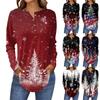 Women's Fashionable Loose-Fit Button-Down Collar Christmas Print Long-Sleeved Top