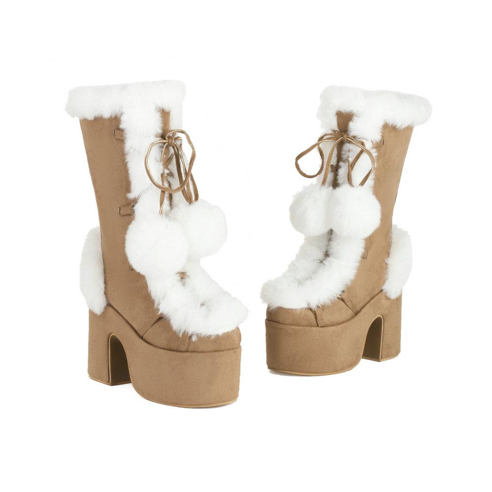 Lovely Lolita Mid-Calf Boots Women's Platform Thick Heels Sweet White Show Party Cosplay Ladies Fur Zipper Boots Pom-pom Pendant