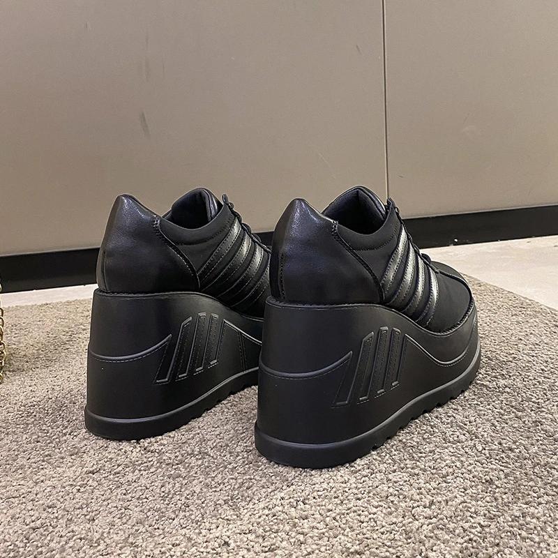 Мода 2025 Белая обувь Женская Шнуровка Искусственная кожа Танкетка Высокий каблук Туфли Женские Дышащие Массивная платформа Модные Кроссовки Размер 42