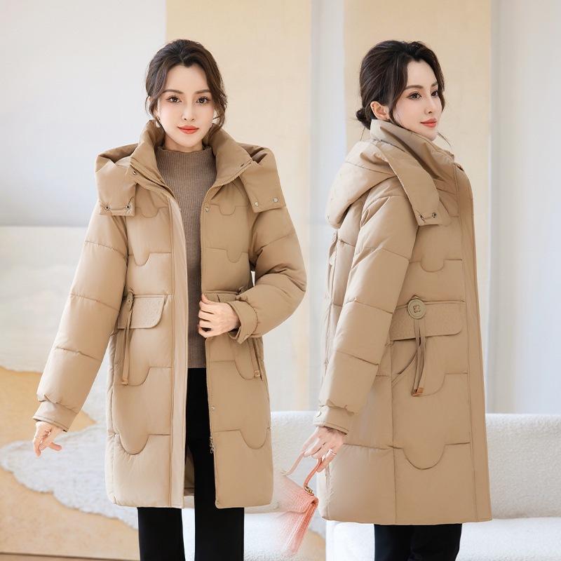 Hooded drawstring medium and long cotton clothes female middle-aged mother thickened cotton-padded clothes loose coat support one piece