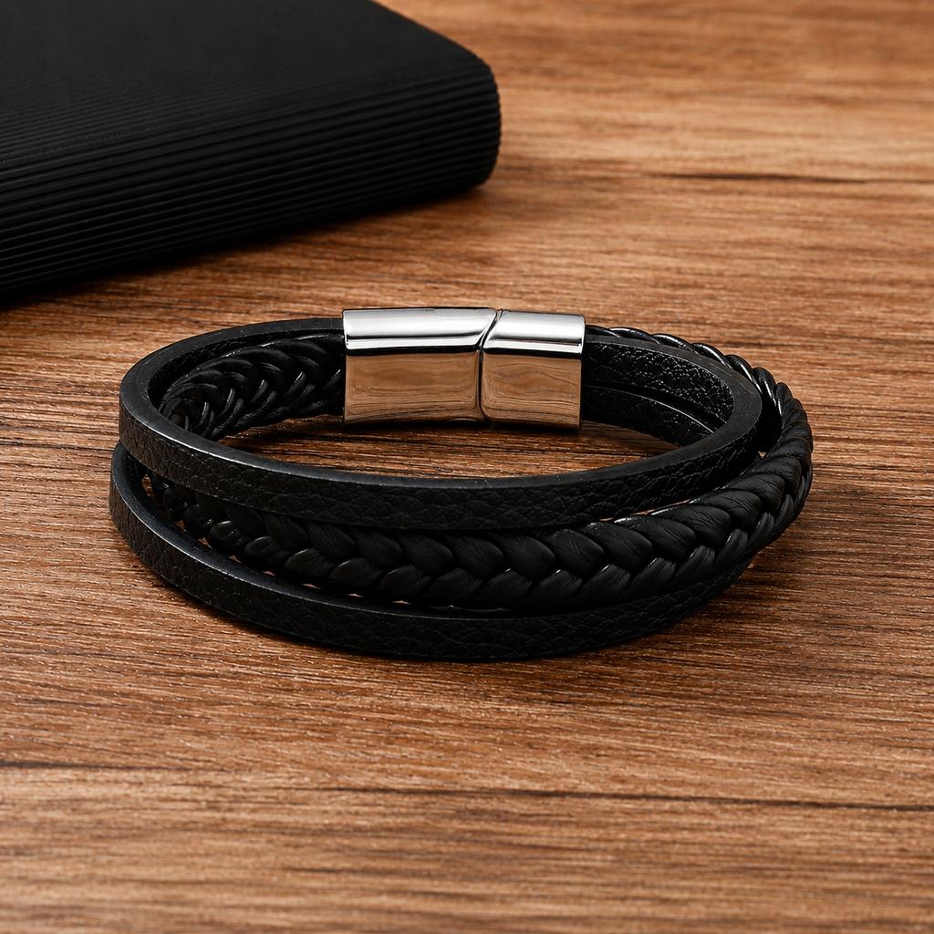 Men' Titanium Braided Leather Bracelet Adjustable Wrist Gift