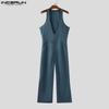 INCERUN Men Deep V Neck Zip-up Casual Long Rompers Jumpsuits