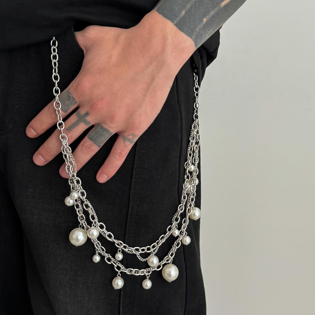 Salircon Punk Metal Imitation Pearl Pants Chain Men 2026 Trendy Silver Color Handmade Bead Jeans Waist Chain Jewelry Accessories