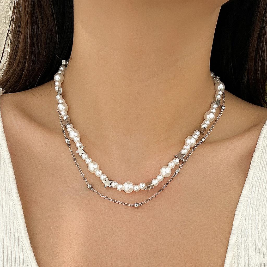 Hip Hop Babes Wind Star Pendant Necklace Choker Temperament Round Bead Imitation Pearl Metal Chain Necklace