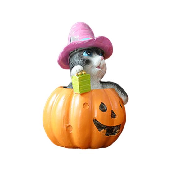 Halloween Cat On Pumpkin Figurine Cute Pumpkin Cat Statue Indoor Resin Sculpture for Shelf Tabletop Bedroom Entryway Decor