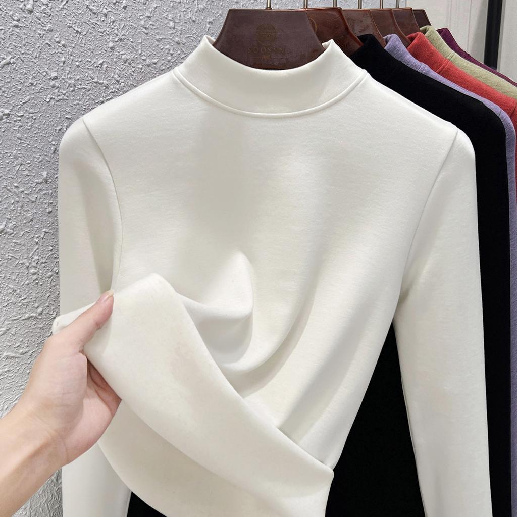 Autumn and Winter Women's Clothing Containing Wool and Silk Bottoming Shirt Women's Inner Heating Fleece Warm Turtleneck Top with Fleece and Thicker
