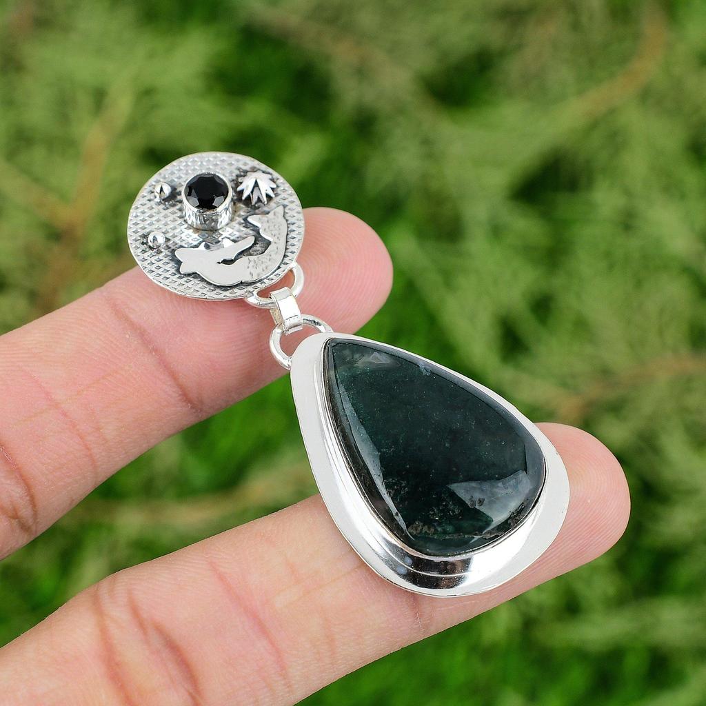 925 Silver Natural Solar Moss Agate Black Onyx Mermaid Bezel Wedding New Pendant