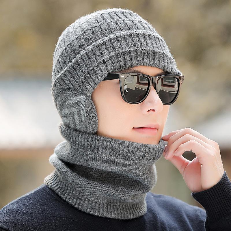 Вязаная шапка и шарф, комплект, мужская зимняя флисовая шерстяная шапка для людей среднего и пожилого возраста, толстая теплая шапка
