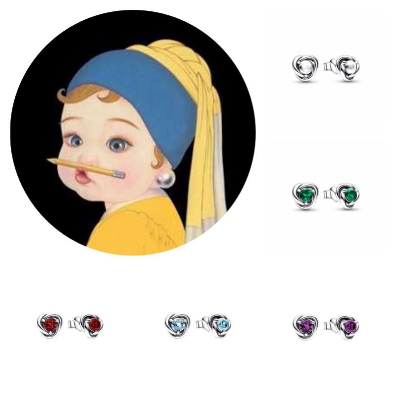 Women's Birthstone Earrings Panjia Pandora S925 Silver Eternal Round Shape Fashionable Jewelry