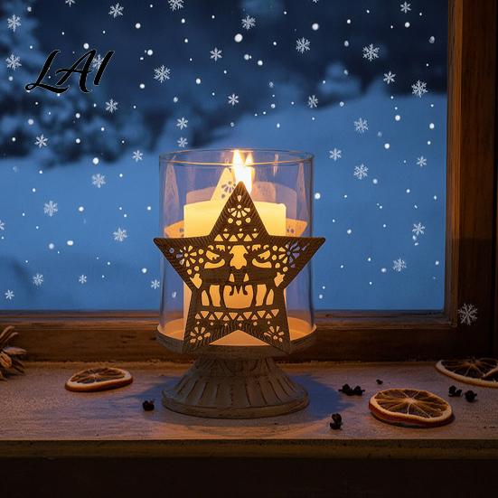 Seasonal Atmosphere Light 2Pcs Christmas Hollow Metal Candle Holder Vintage Tabletop Tealight Lantern Xmas Distressed Retro Ornament Elk Tree Star