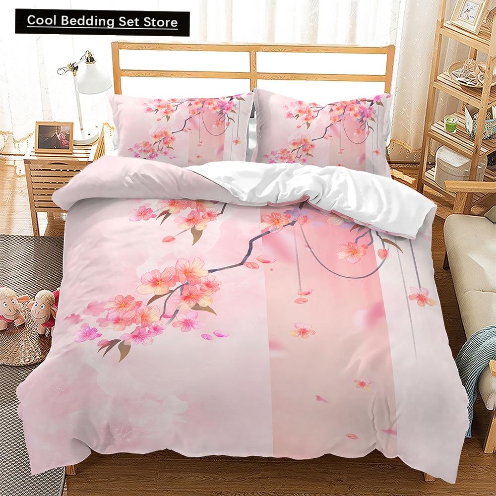 Pink Floral Duvet Cover Japanese Cherry Blossoms Theme Bedding Set Spring Romantic Quilt Cover For Girl Microfiber Bedspread