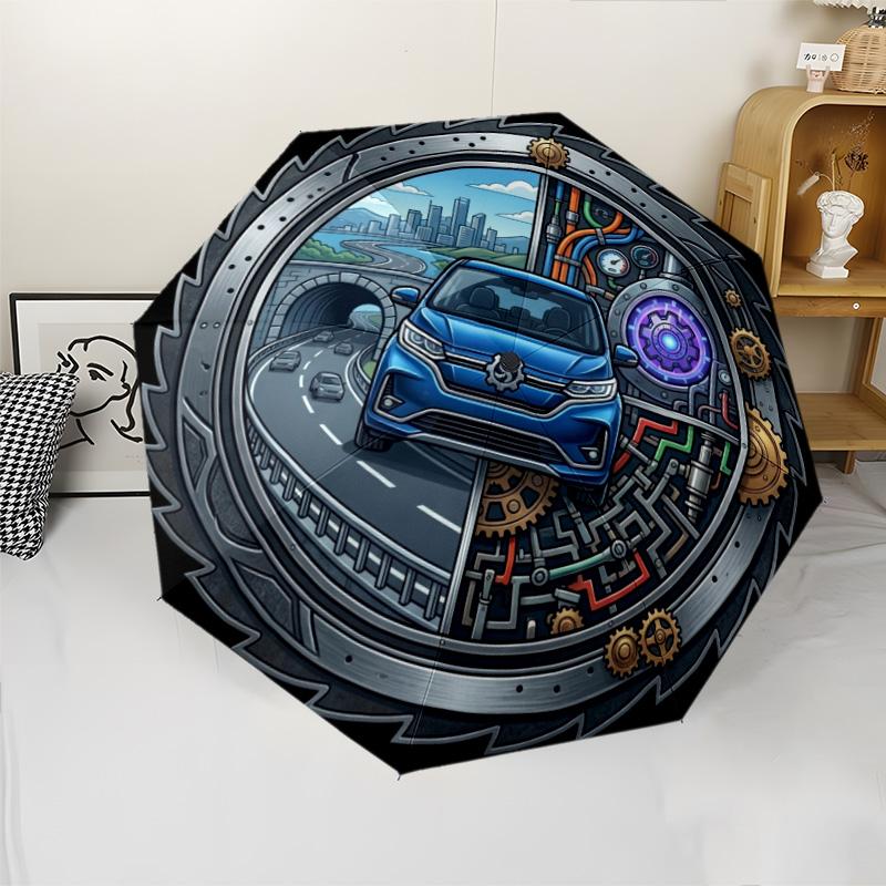 Futuristic Urban Mobility pattern umbrella, portable and foldable design, 8 ribs, a casual accessory for Halloween, Christmas, and birthday gifts.