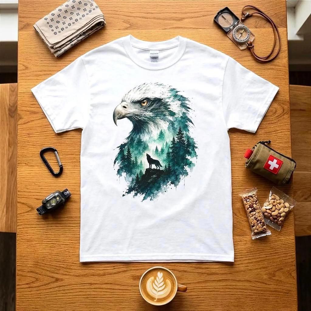 Eagle And Wolf Wildlife T Shirt For Nature Lovers Forest Wilderness Vintage Top For Everyday Wear Streetwear Stylish