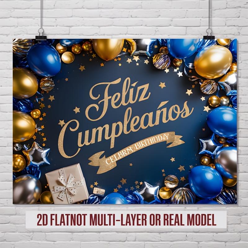 2D flat, 1 piece Spanish Happy Birthday party banner with gold and blue balloons, stars and gift boxes for family,