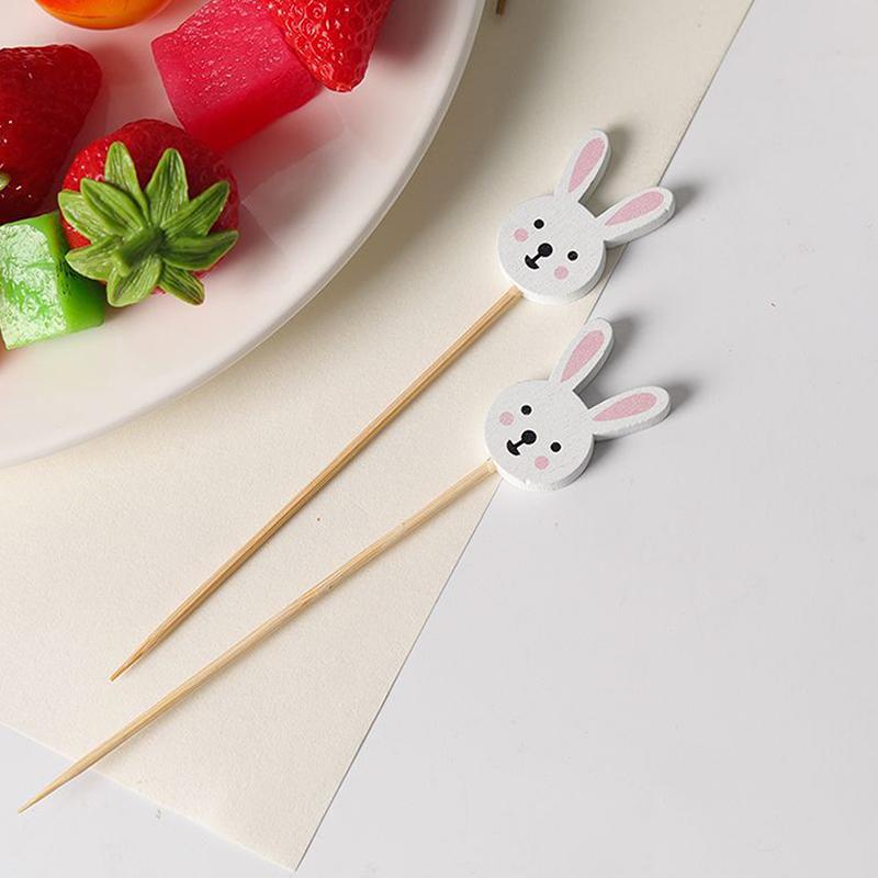 100Pcs Easter Disposable Bamboo Skewers Rabbit Eggs Food Picks Fruit Fork Sandwich Buffet Stick Easter Decoration 2024 Birthday