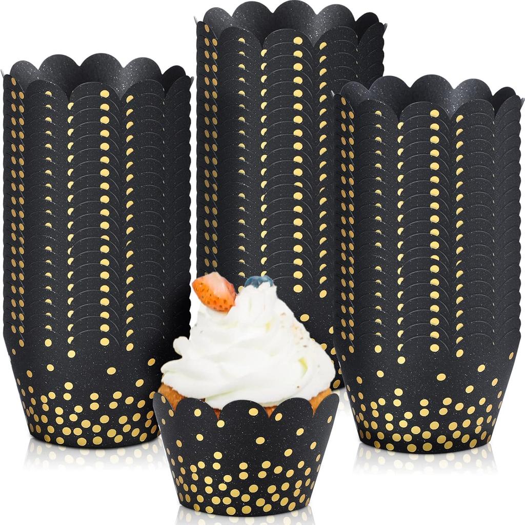 Zhehao 60 Pcs Gold Polka Dots Cupcake Wrappers Adjustable Graduation Cupcake Liners Paper Baking Cups Disposable Muffin Liners Holders for Birthday