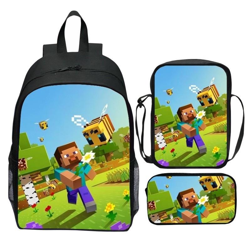 Minecraft Movie Printed 3-Piece Backpack Set Kids Cartoon School Backpack Boys Girls Gifts Blue