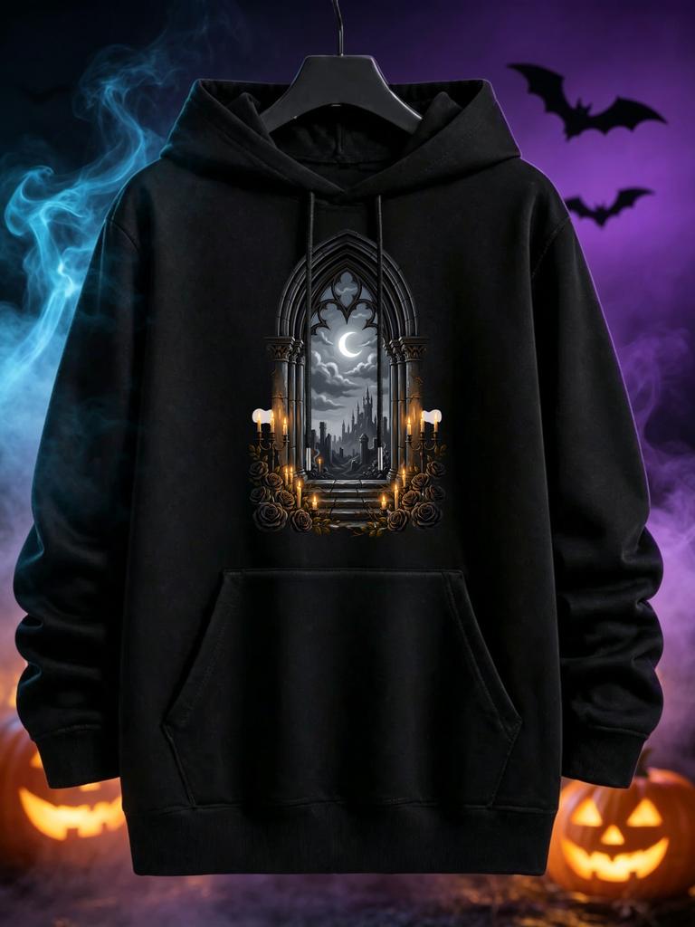 Унисекс Толстовка с капюшоном "Готический Замок" - Худи в стиле Dark Fantasy Streetwear с капюшоном и передним карманом, Подходит для Хэллоуина, Косплея, Зимы Pa