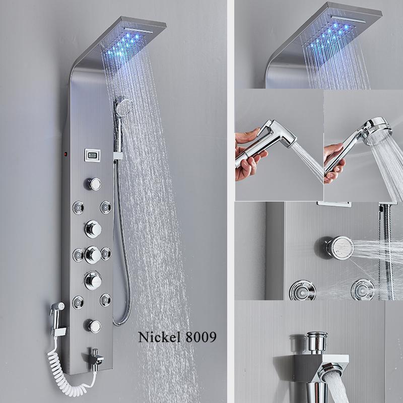 ALENARTWATER Панель для душевой кабины с LED-подсветкой, каскадный душ, верхний душ, дисплей температуры, смеситель, массаж спины с душевой лейкой