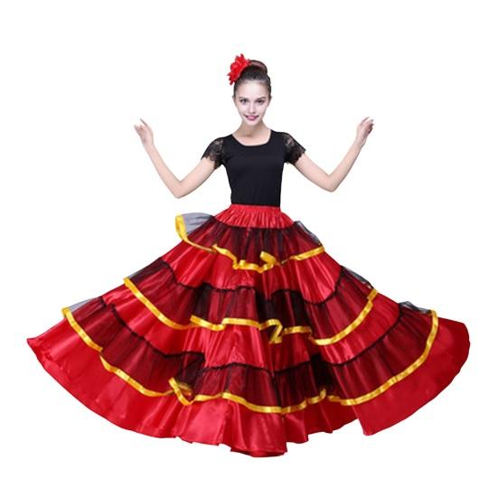 Женская макси-юбка с вышивкой многослойного торта, черная юбка 360, красная эластичная талия с цветными блоками, большая юбка