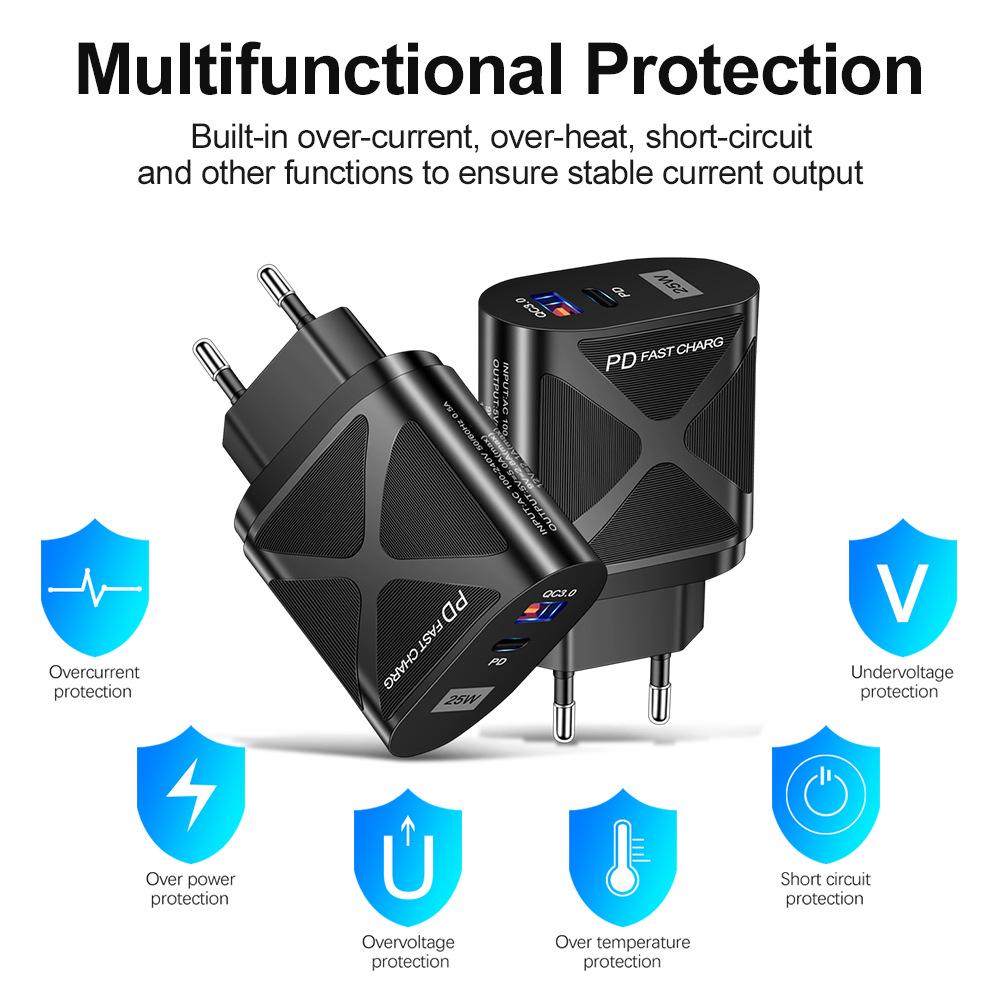 Светодиодная быстрая зарядка 25 Вт с двумя портами и поддержкой PD+QC3.0 для мобильных телефонов - стандарты США/ЕС/Великобритании