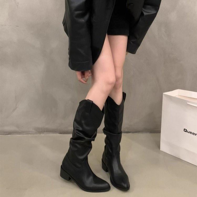 Women's Boots Boots Women's 2025 Autumn and Winter New V-mouth Maillard But Knee Thick Heel Pointed Pile Boots