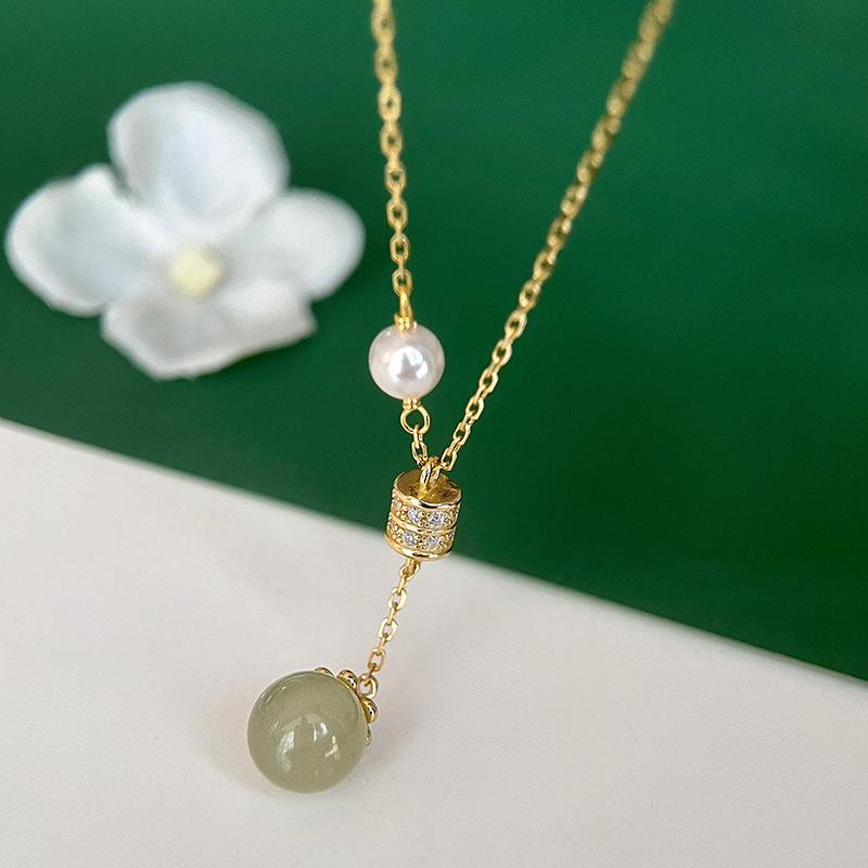 Hotan Jade Pearl Necklace Light Luxury Chinese Style Retro Necklace Fringe Collar Chain New