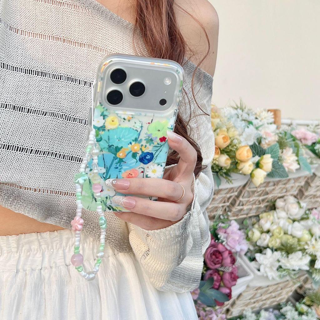 Элегантный чехол для телефона с цветочной масляной живописью для iPhone 16 PM/17 Pro Max с цепочкой и женским дизайном