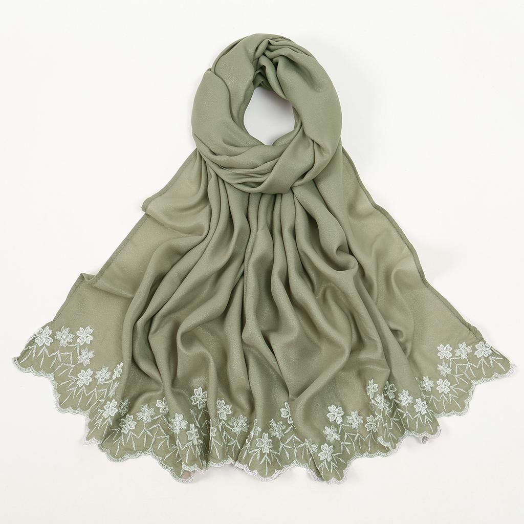 Solid Color Chiffon Embroidery Hijab - Ruffled Edge Long Scarf Islam Hijabs Women's Turbans Head Wrap Lightweight Scarf