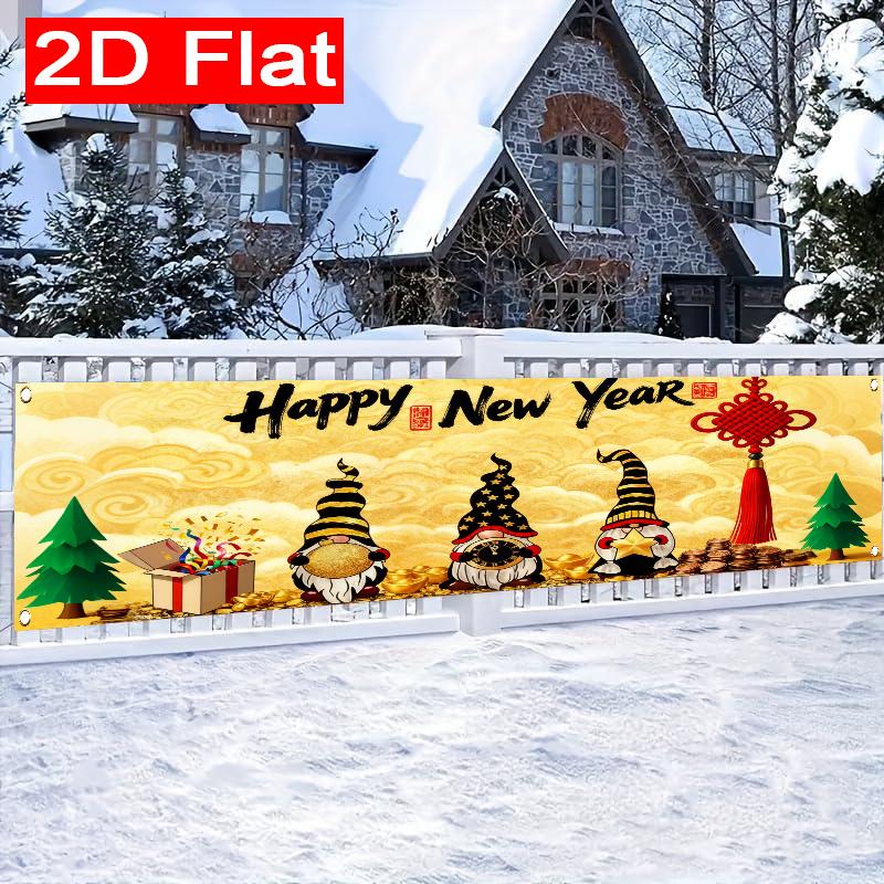 Happy New Year Gnome Fence Banner, Winter Snow Scene Red Gold Letters, Polyester Outdoor Indoor Party Decoration
