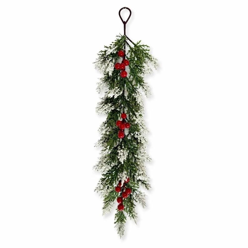Frosted Christmas Hanging Swag Red Berries Christmas Garland Stair Porch Wall Decoration