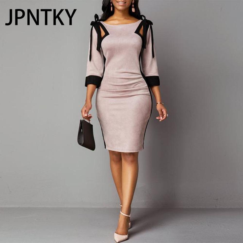 Женское осенне-зимнее платье JPNTKY с завязками на плечах и рукавами три четверти с разрезом сзади
