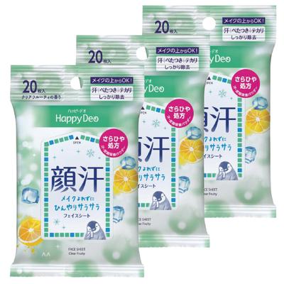 MANDOM Happy Deo Освежающие салфетки для лица Clear Fruity, 20 шт. x 3 упаковки, Освежающие салфетки для лица, совместимые с макияжем, для ухода за кожей против пота и жирного блеска