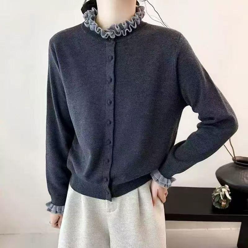 Темпераментный вязаный кардиган с грибным кружевом, новый осенне-зимний, ленивый ветер, круглый вырез, контрастный свитер-жакет, топ для женщин